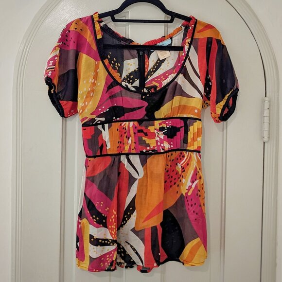 MARCIANO Silk & Cotton Tropical Print Fuchsia Orange.Floral Puff Sleeve Top, XS - Picture 5 of 6